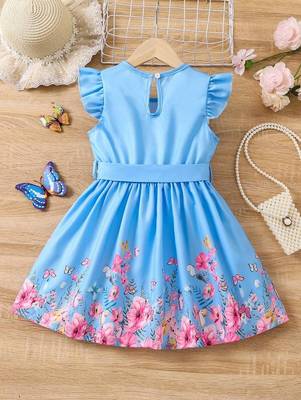 Sky color printed cotton blend fit&flared style dresses 2