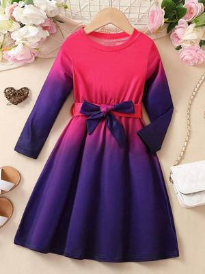 Pink-blue color printed cotton blend fit&flared style dresses 1