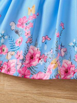 Sky color printed cotton blend fit&flared style dresses 5