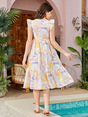Yellow color printed lycra fit&flared style dresses 2