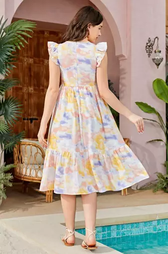 Yellow color printed lycra fit&flared style dresses