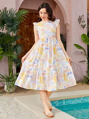 Yellow color printed lycra fit&flared style dresses 3