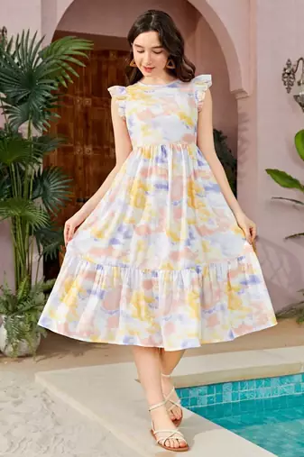 Yellow color printed lycra fit&flared style dresses
