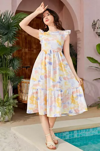 Yellow color printed lycra fit&flared style dresses