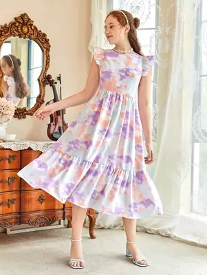Lavender color printed lycra fit&flared style dresses 1
