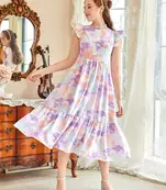 Lavender color printed lycra fit&flared style dresses