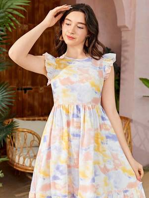 Yellow color printed lycra fit&flared style dresses 5