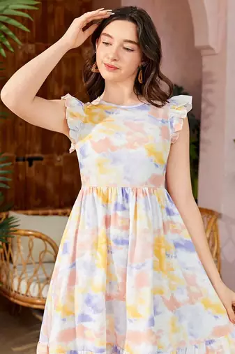 Yellow color printed lycra fit&flared style dresses