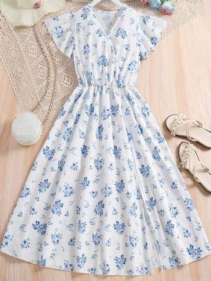 Pearl color printed cotton blend fit&flared style dresses 1