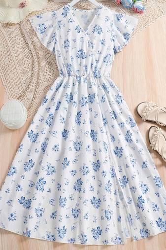 Pearl color printed cotton blend fit&flared style dresses