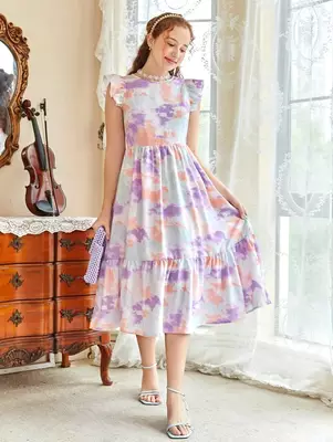 Lavender color printed lycra fit&flared style dresses 2
