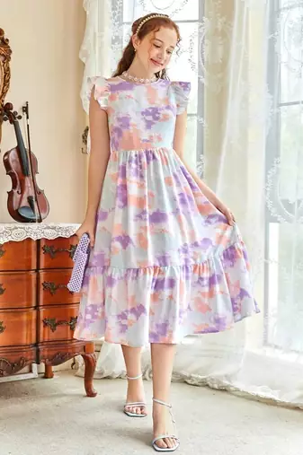 Lavender color printed lycra fit&flared style dresses