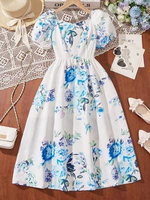 Sky color printed cotton blend fit&flared style dresses 1