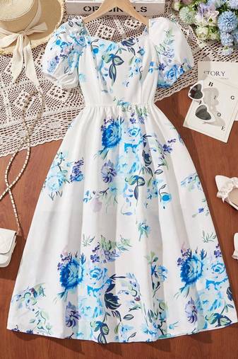 Sky color printed cotton blend fit&flared style dresses