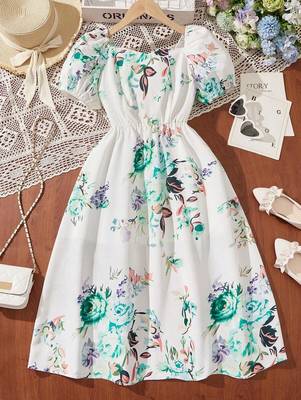 Green color printed cotton blend fit&flared style dresses 1