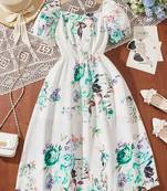 Green color printed cotton blend fit&flared style dresses