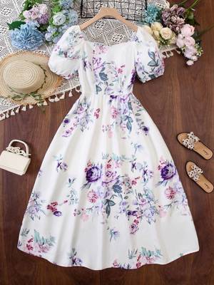 White color printed cotton blend fit&flared style dresses 1