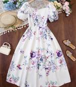 White color printed cotton blend fit&flared style dresses