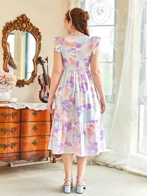 Lavender color printed lycra fit&flared style dresses 3