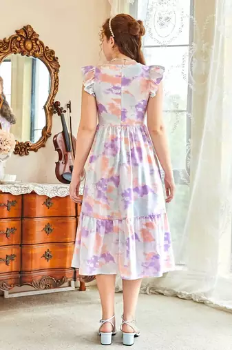 Lavender color printed lycra fit&flared style dresses
