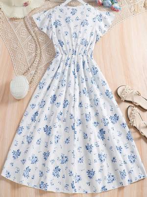 Pearl color printed cotton blend fit&flared style dresses 2