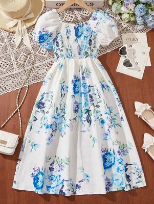 Sky color printed cotton blend fit&flared style dresses 2