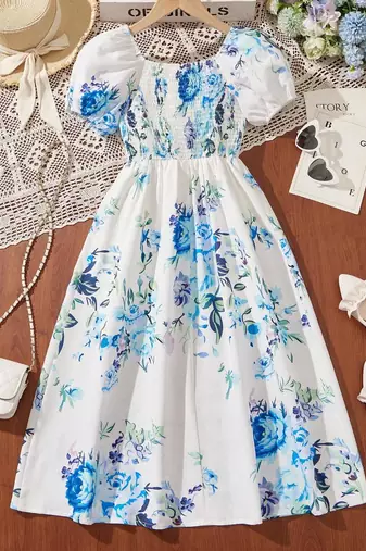 Sky color printed cotton blend fit&flared style dresses