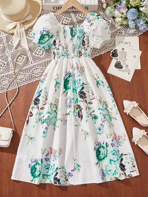 Green color printed cotton blend fit&flared style dresses 2