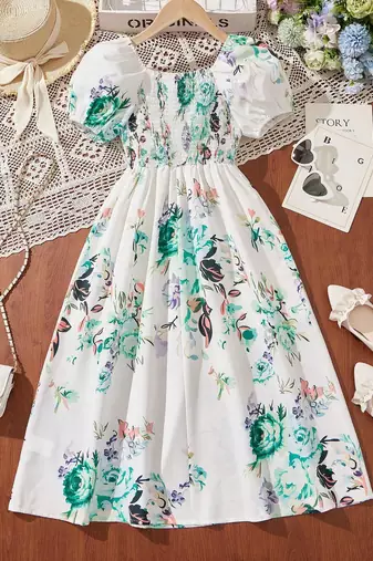 Green color printed cotton blend fit&flared style dresses