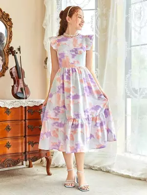 Lavender color printed lycra fit&flared style dresses 4