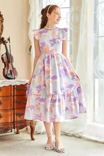 Lavender color printed lycra fit&flared style dresses