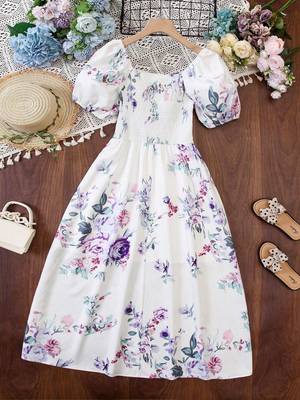 White color printed cotton blend fit&flared style dresses 2