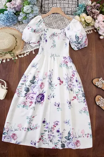 White color printed cotton blend fit&flared style dresses