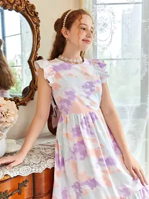 Lavender color printed lycra fit&flared style dresses 5