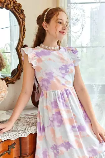 Lavender color printed lycra fit&flared style dresses