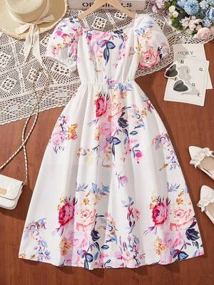 Solid white color printed cotton blend fit&flared style dresses 1