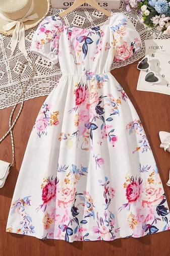 Solid white color printed cotton blend fit&flared style dresses