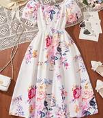 Solid white color printed cotton blend fit&flared style dresses