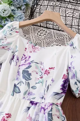 White color printed cotton blend fit&flared style dresses