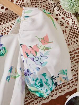 Green color printed cotton blend fit&flared style dresses 4