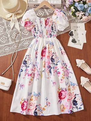 Solid white color printed cotton blend fit&flared style dresses 2