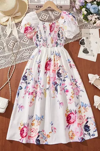 Solid white color printed cotton blend fit&flared style dresses