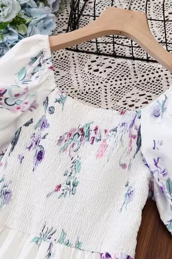 White color printed cotton blend fit&flared style dresses