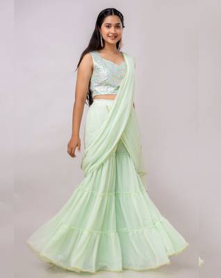 Mint Green Georgette Plain Sharara Saree 1