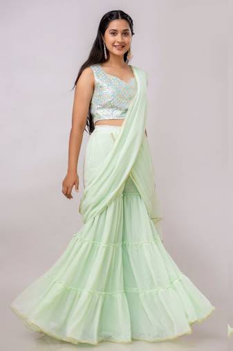 Mint Green Georgette Plain Sharara Saree