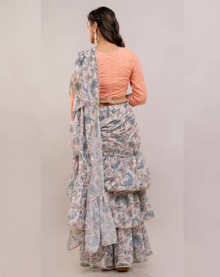 Designer Pre-Drape Georgette Saree with Schiffley Blouse in Green 2