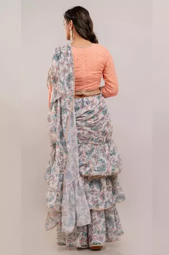 Designer Pre-Drape Georgette Saree with Schiffley Blouse in Green