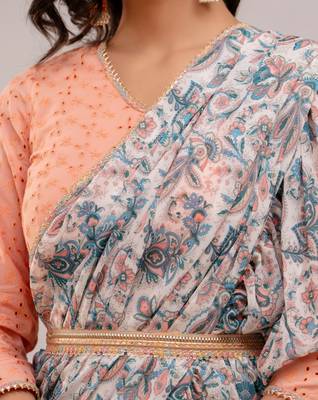 Designer Pre-Drape Georgette Saree with Schiffley Blouse in Green 3