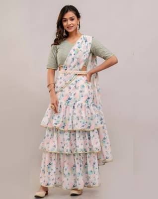 Ready-to-Wear Georgette Saree with  Designer Schiffley Blouse 4