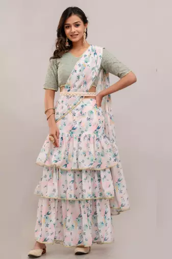 Ready-to-Wear Georgette Saree with  Designer Schiffley Blouse